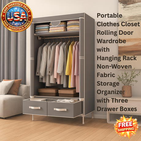 Portable Clothes Closet with Rolling Door and Drawers