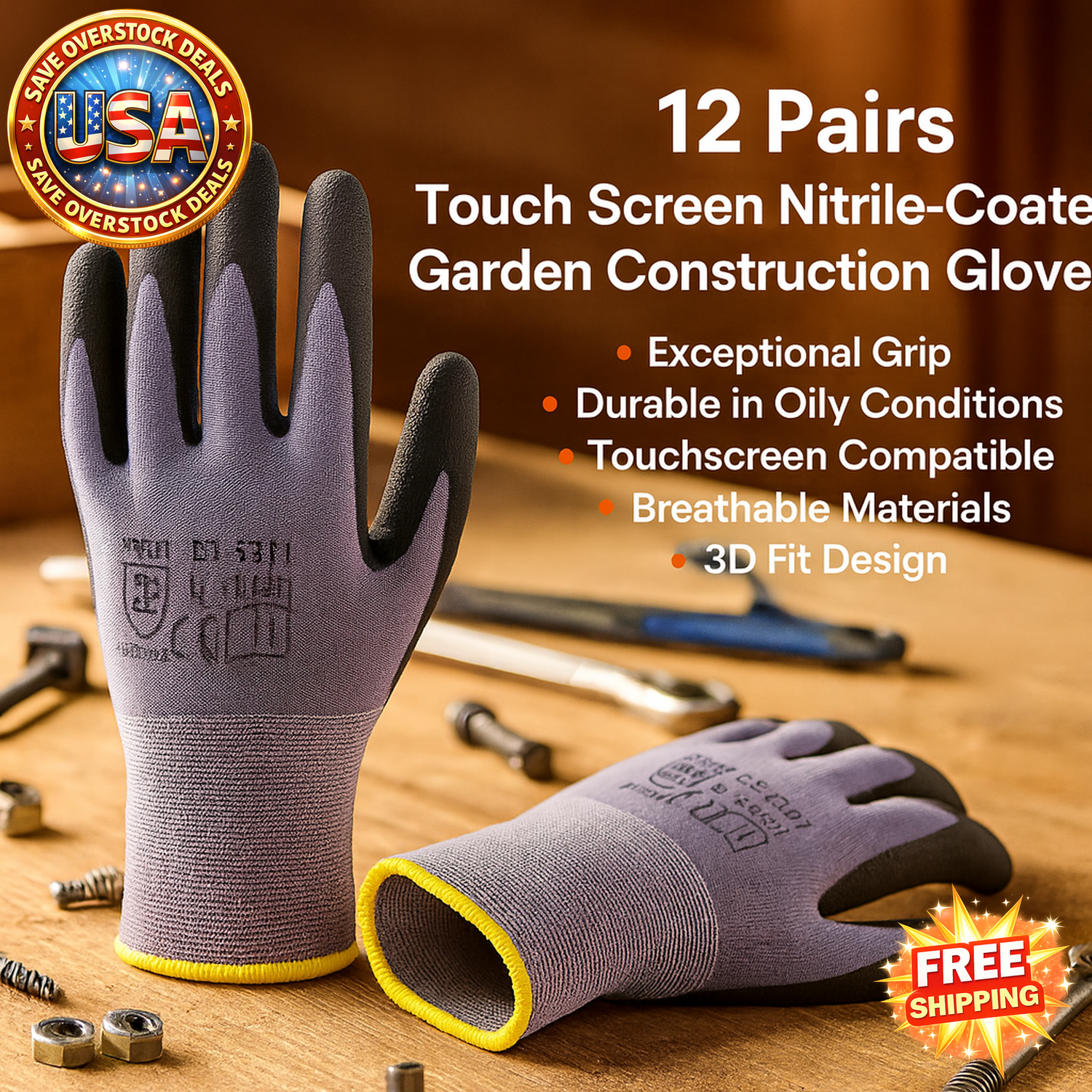 Touch Screen Nitrile-Coated Work Gloves - 12 Pairs