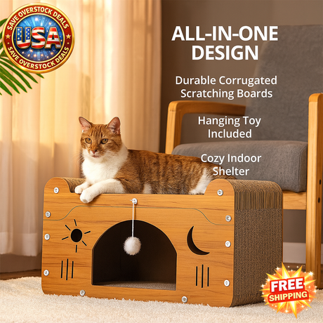 Wooden Cat Scratcher House with Bed and Toy for Indoor Cats