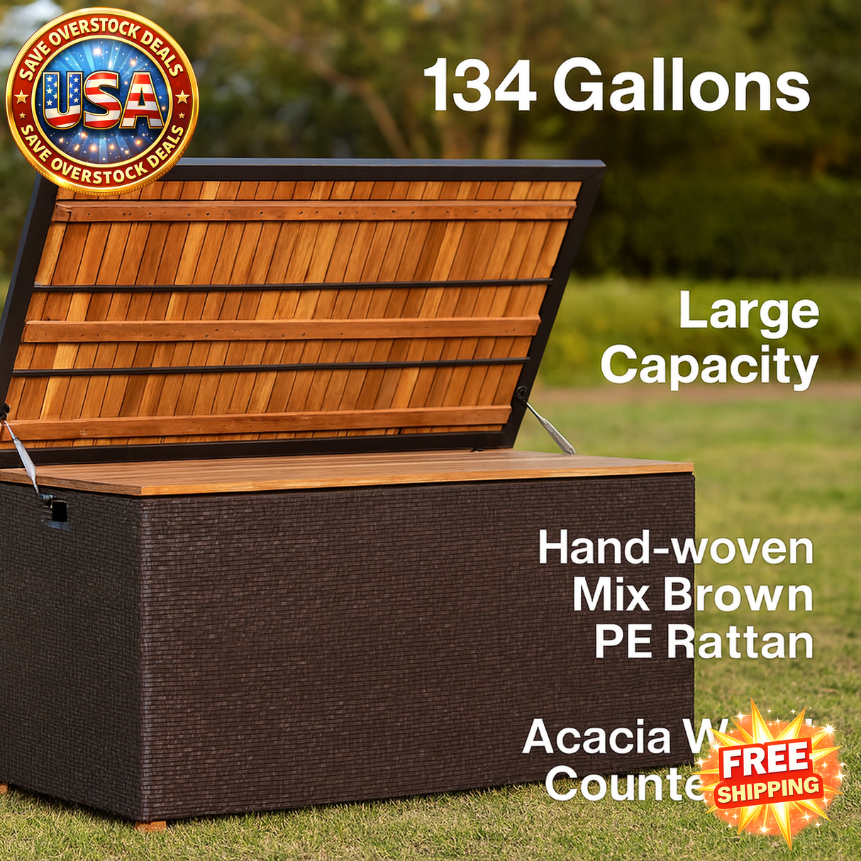 134 Gallon Rattan Storage Box with Acacia Wood Top