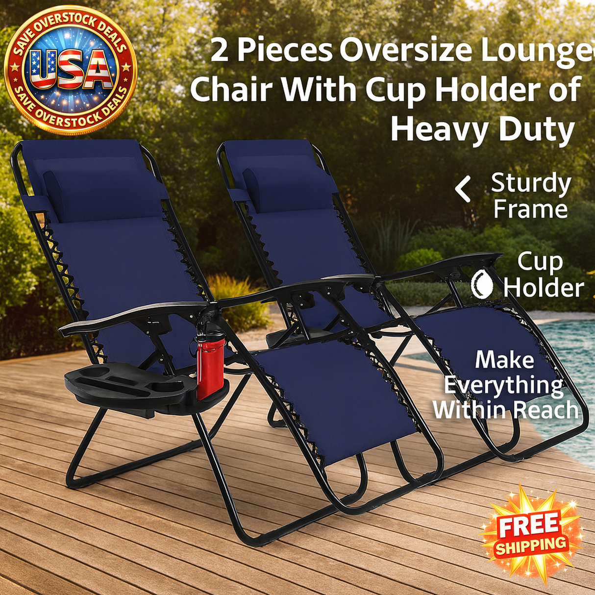 Oversize Lounge Chair Set with Cup Holder for Outdoor Use