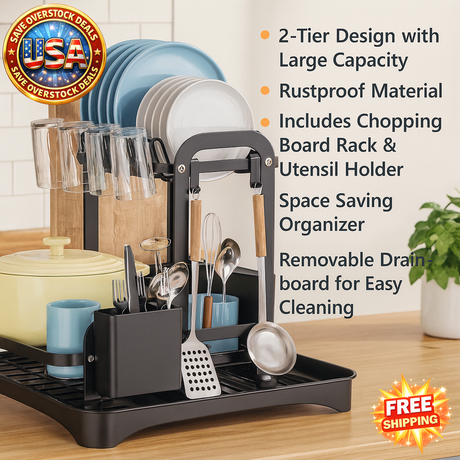 2-Tier Dish Drying Rack with Drainboard for Kitchen