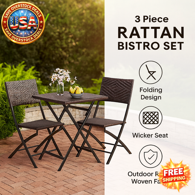 3 Piece Rattan Bistro Set Outdoor Folding Dining Table Chairs