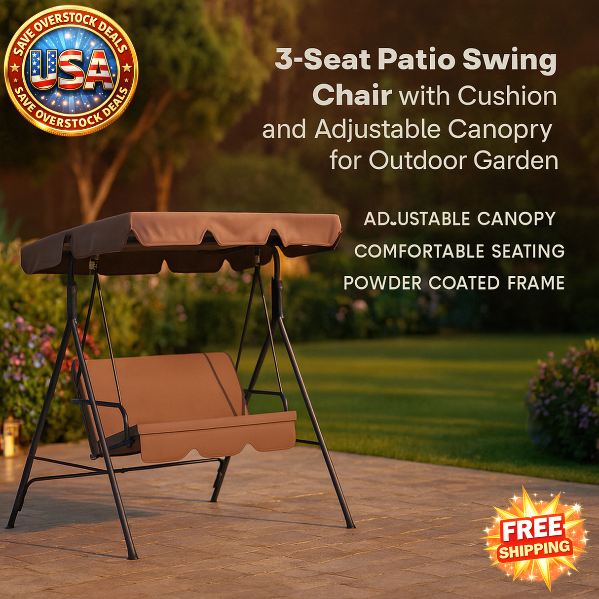 3-Seat Patio Swing Chair with Adjustable Canopy for Garden