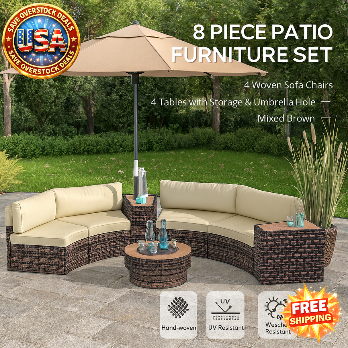 Shop the 8 Piece Patio Furniture Set featuring 4 rattan chairs and tables with storage and umbrella hole, perfect for outdoor gatherings.