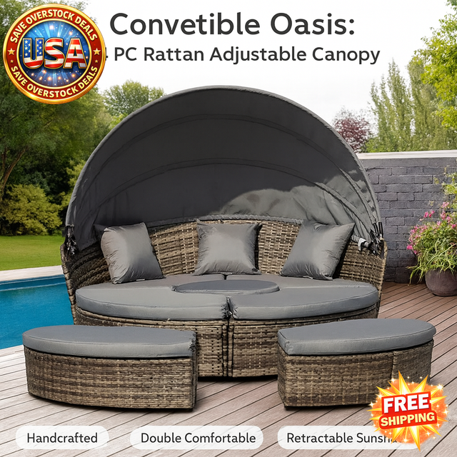 4PC Rattan Patio Set with Adjustable Canopy Daybed
