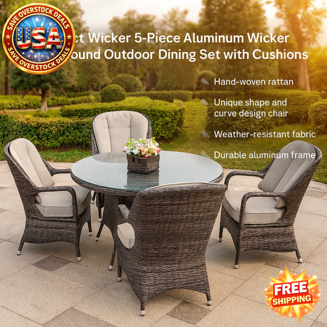 Aluminum Wicker 5-Piece Outdoor Dining Set with Cushions