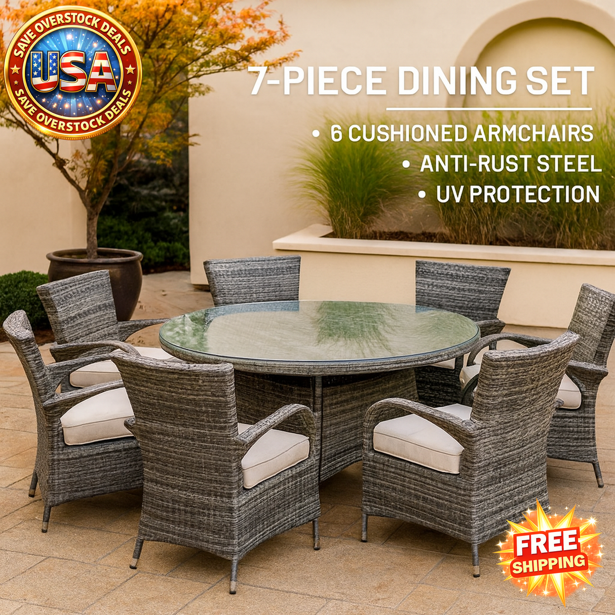 Outdoor Rattan Dining Set with Cushioned Armchairs