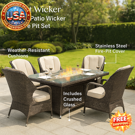 7-Piece Patio Wicker Gas Fire Pit Set with Rectangular Table