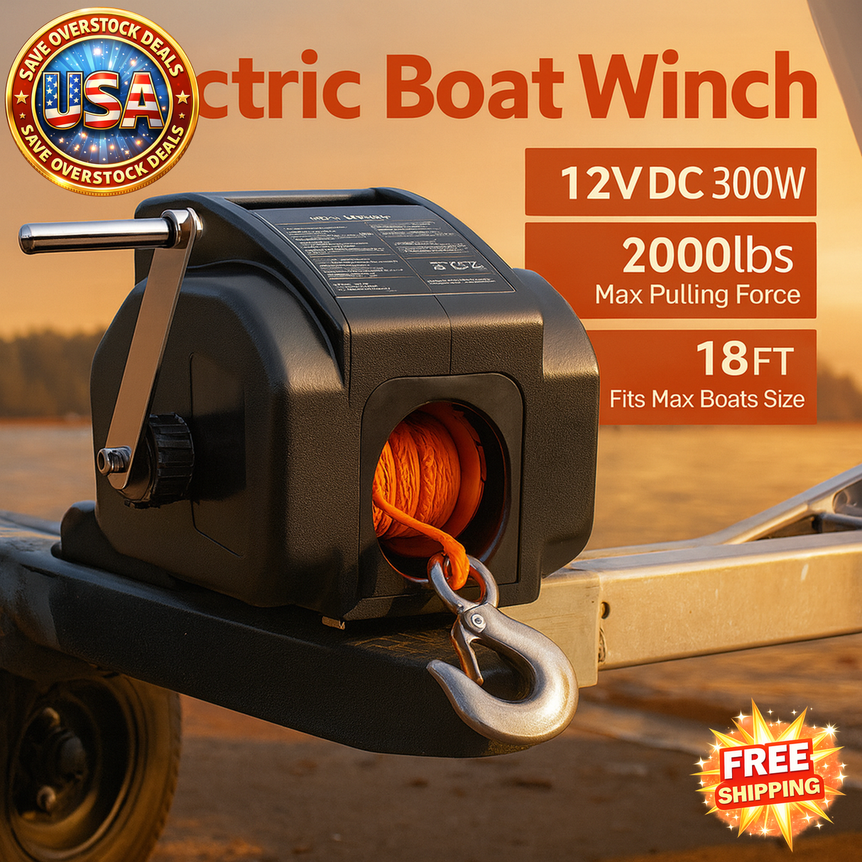 12V Electric Boat Winch, 300W Reversible for 2000 lbs