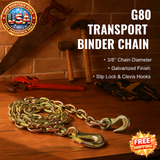 G80 Transport Binder Chain 3/8" x 10.3' with Clevis Hooks
