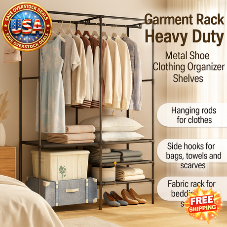 Heavy Duty Garment Rack with Shelves for Clothes and Shoes