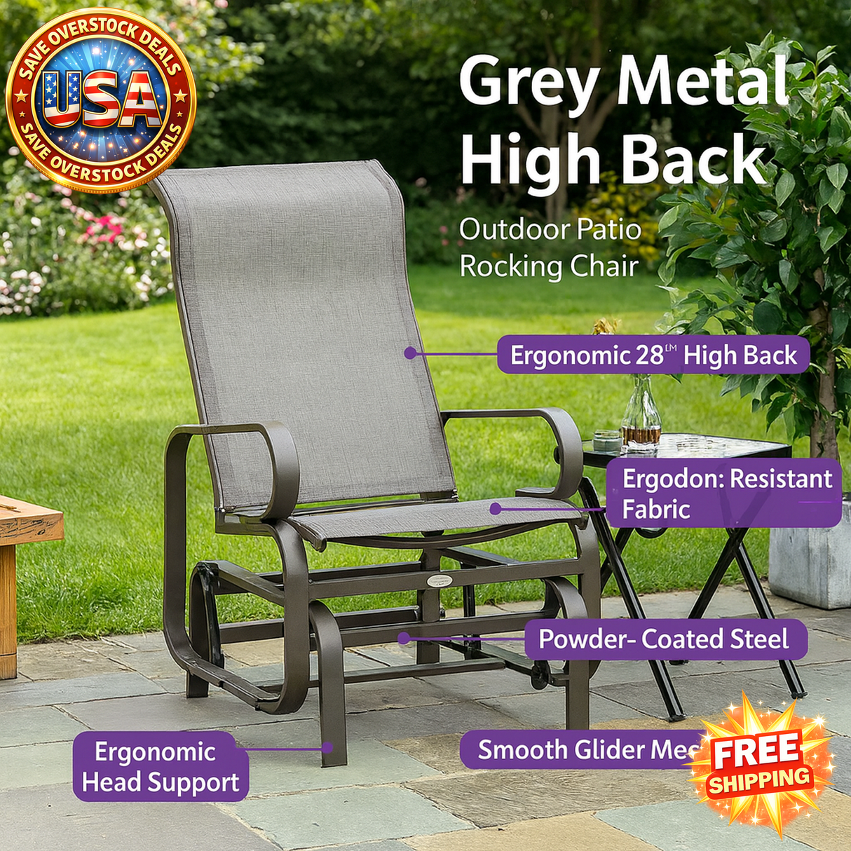 Grey Metal High Back Outdoor Rocking Chair for Patios