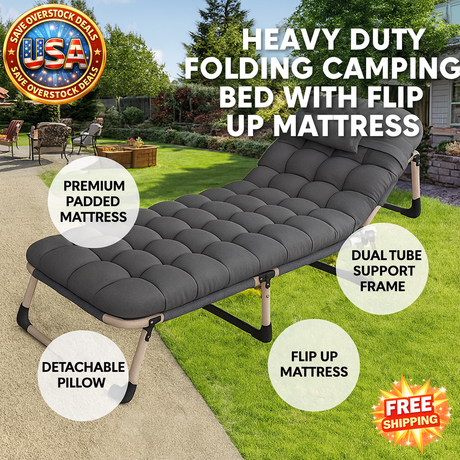Heavy Duty Folding Bed with Flip-up Mattress for Camping