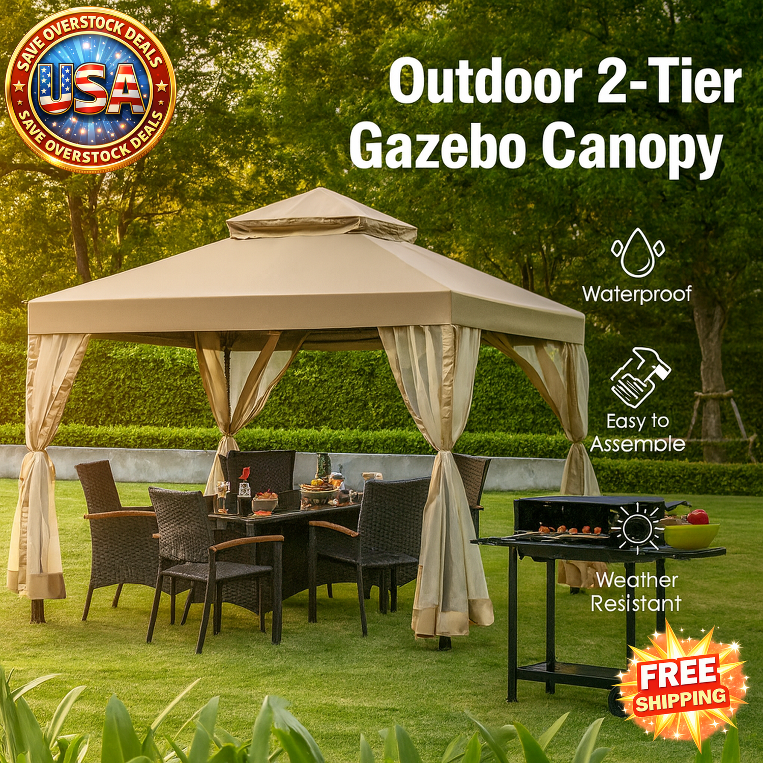 Outdoor 10x10 Screw-free Canopy Gazebo with 2-Tier Design