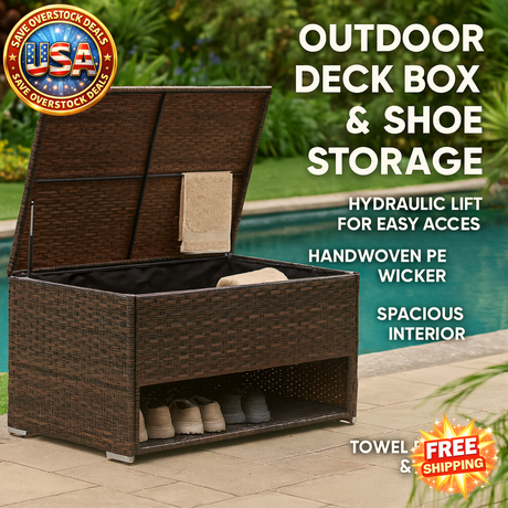 Outdoor Deck Box with Shelf for Shoes and Towels, Brown
