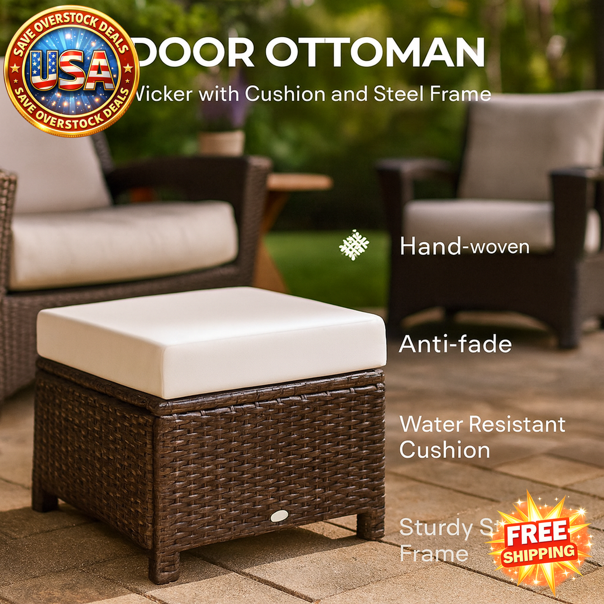 Outdoor Wicker Ottoman with Cushion for Patio Furniture