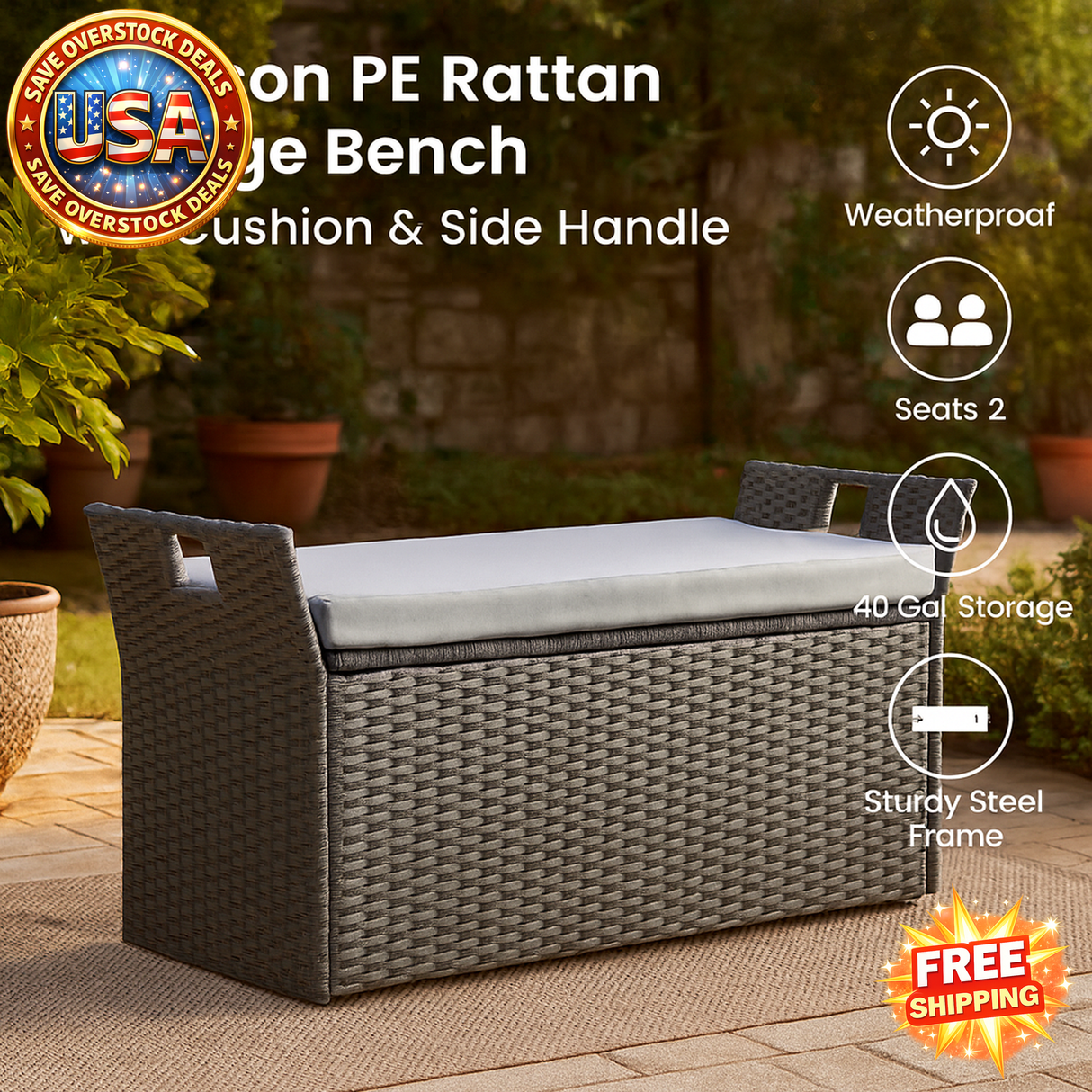 Outdoor Storage Bench with Cushion & 400 lbs Capacity