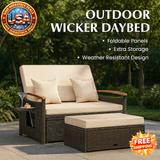 Outdoor Wicker Daybed with Storage Ottoman and Folding Panels