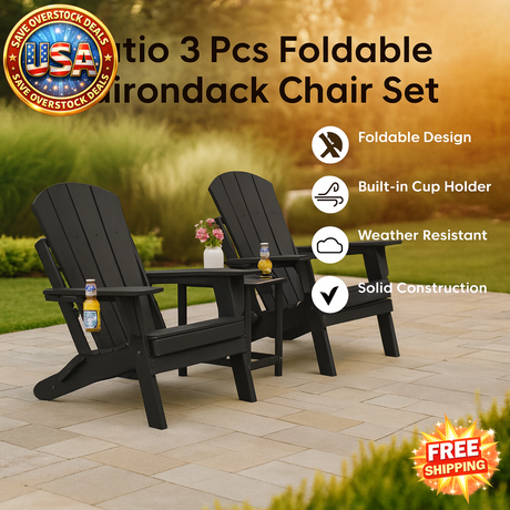 Foldable 3 Pcs Adirondack Chair Set with Cup Holders - Black
