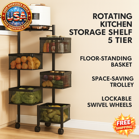Rotating 5 Tier Kitchen Storage Shelf with Wheels