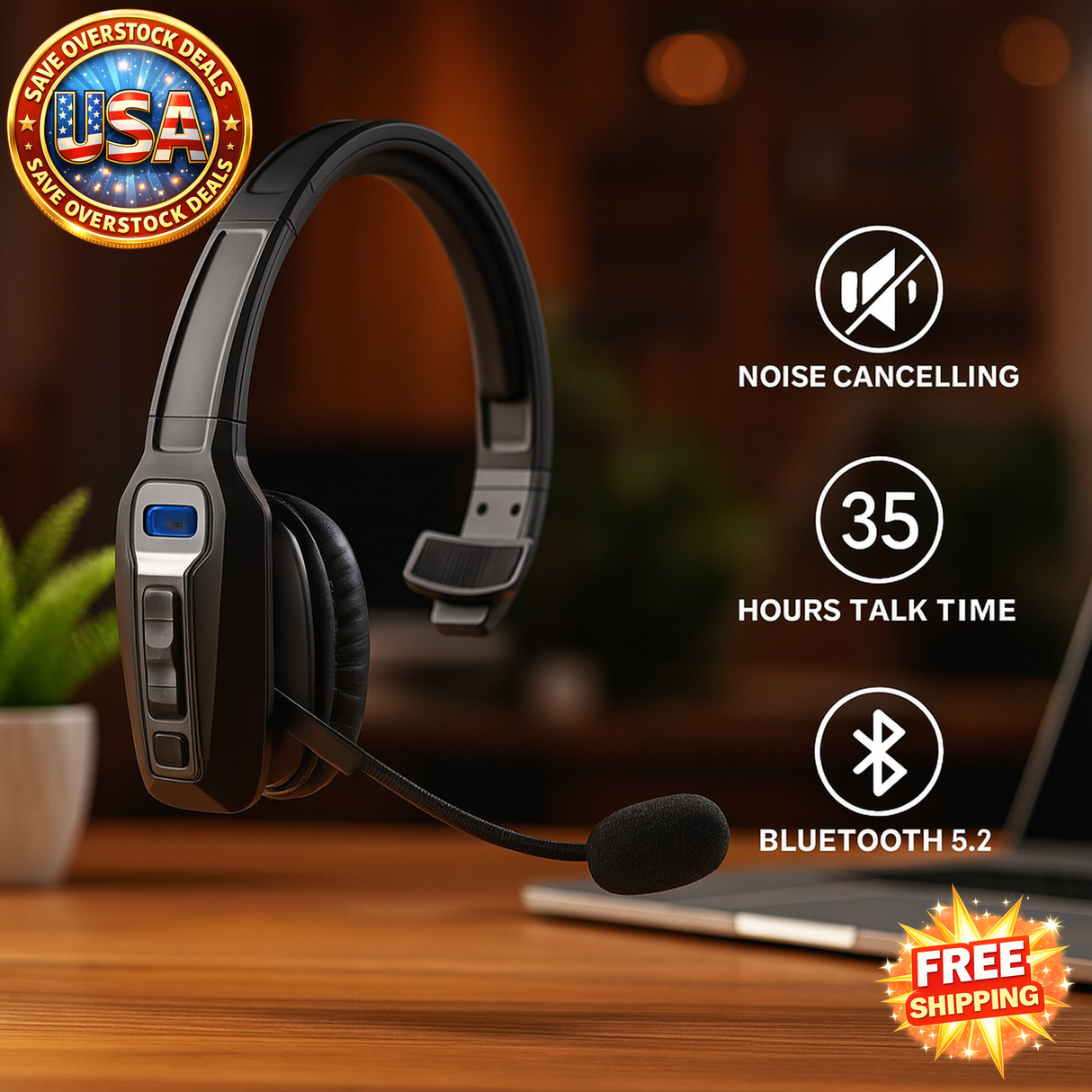 Trucker Bluetooth 5.2 Wireless Headset with Noise Cancelling Mic