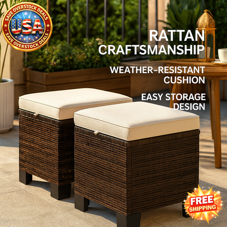 Outdoor Wicker Ottoman with Cushion for Patio Furniture
