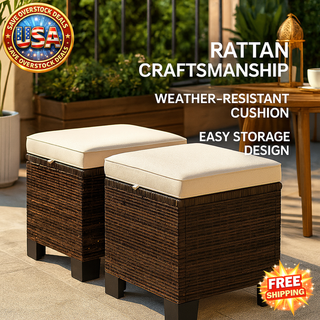 Outdoor Wicker Ottoman with Cushion for Patio Furniture
