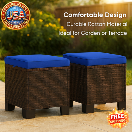 Two Piece Outdoor Stool with Cushion - Dark Blue Rattan