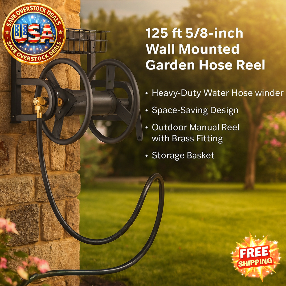 Wall Mounted Garden Hose Reel with Storage Basket