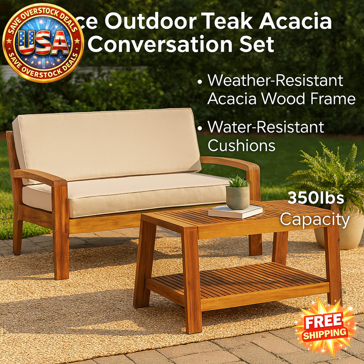 2-Piece Teak Acacia Wood Conversation Set with Cushions