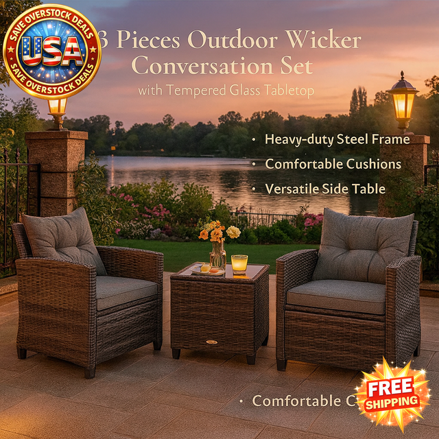 Outdoor Wicker Conversation Set with Glass Tabletop