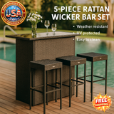 5 Piece Rattan Wicker Bar Set with High Top Table & Stools