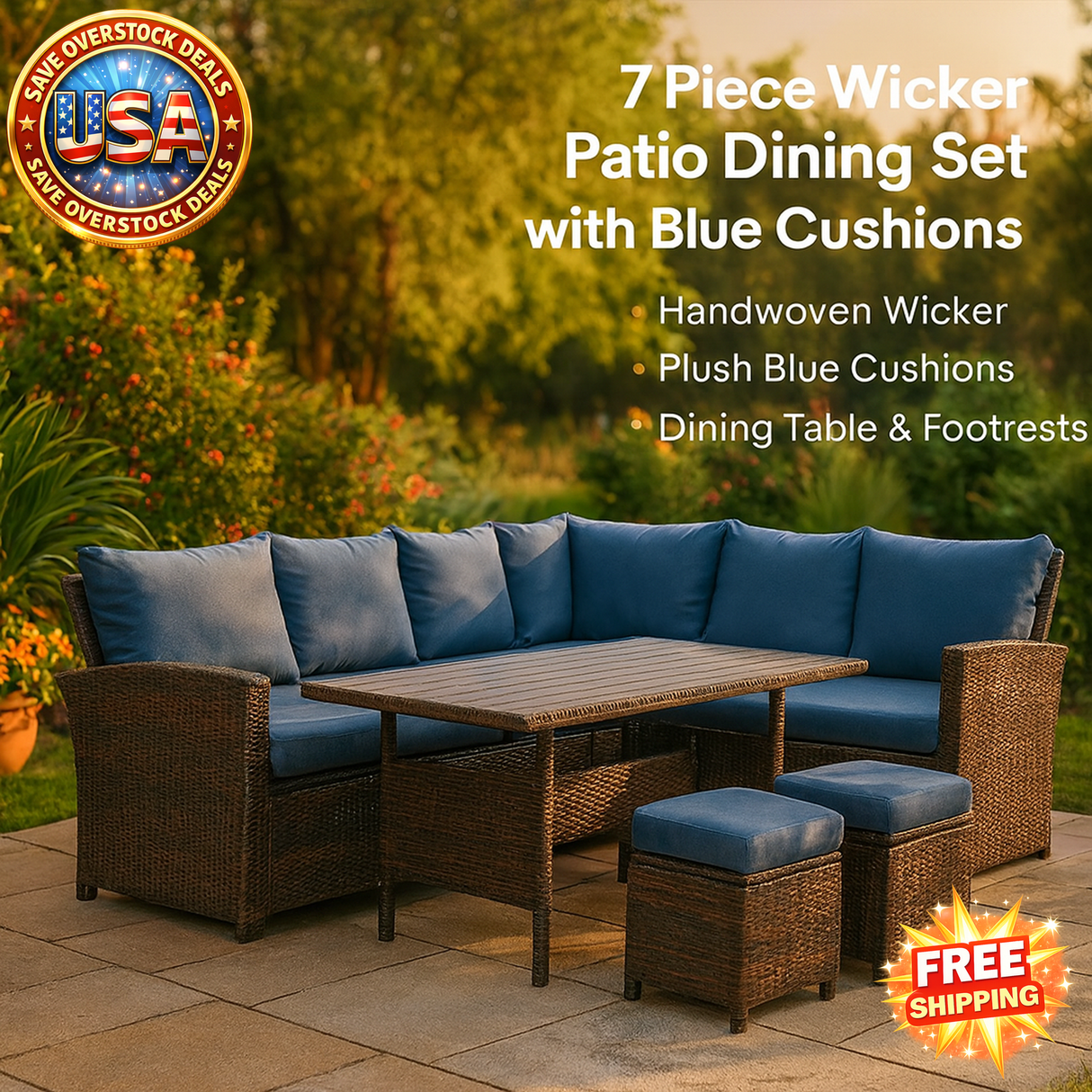 7-Piece Wicker Patio Dining Set with Blue Cushions