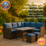 7-Piece Wicker Patio Dining Set with Blue Cushions