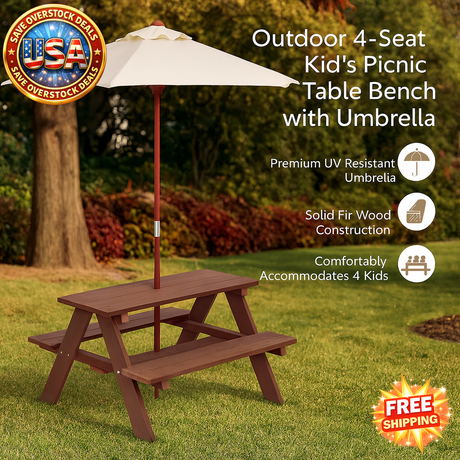 Outdoor 4-Seat Kid's Picnic Table with Umbrella for Kids