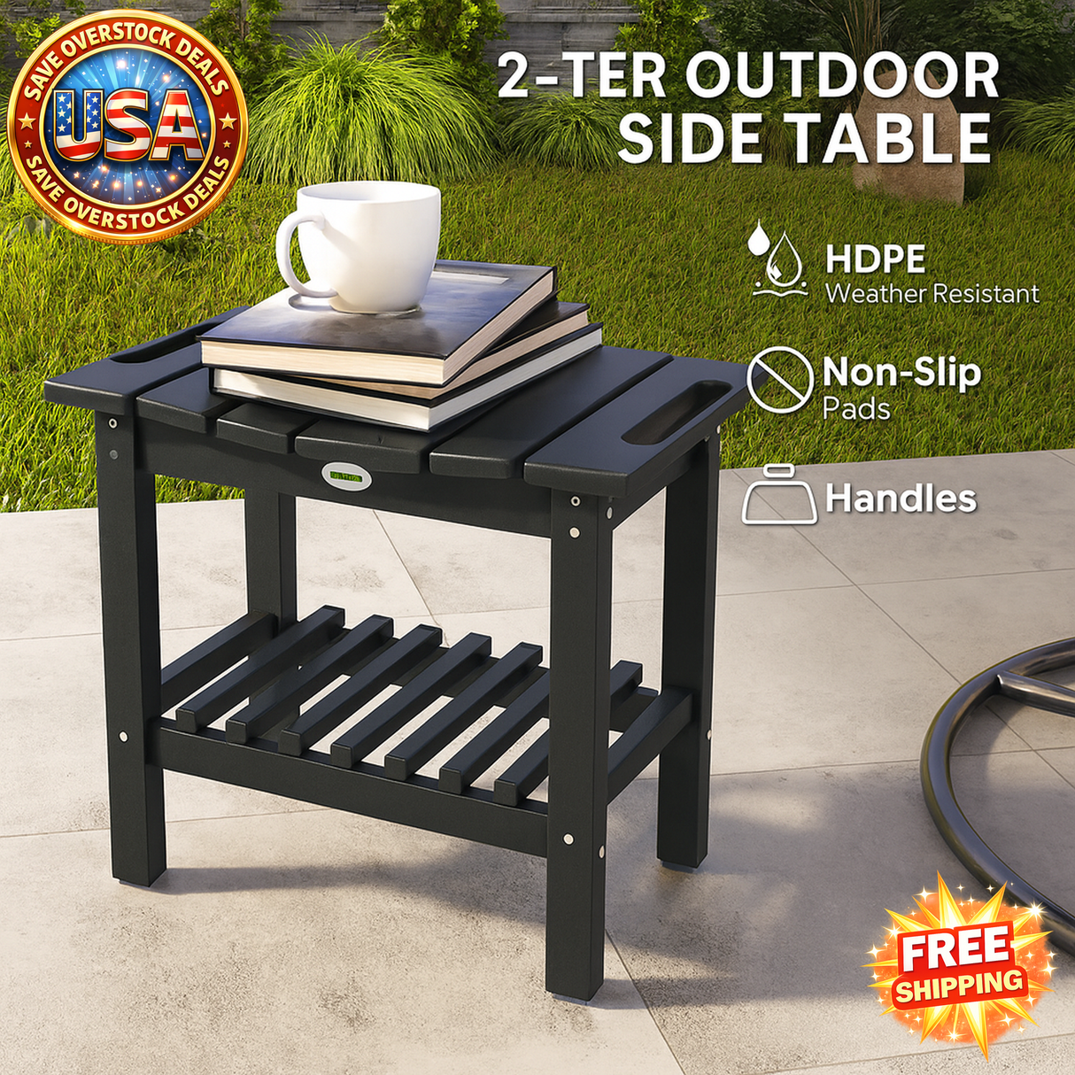 2-Tier Shower Bench, Weather Resistant Outdoor Table, Black