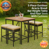 Outdoor Acacia Wood Bar Height Table Set with Cushions
