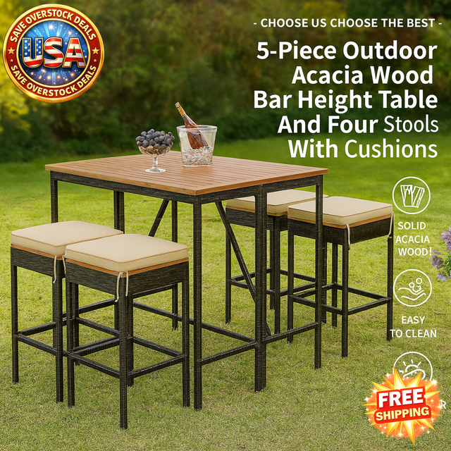 Outdoor Acacia Wood Bar Height Table Set with Cushions