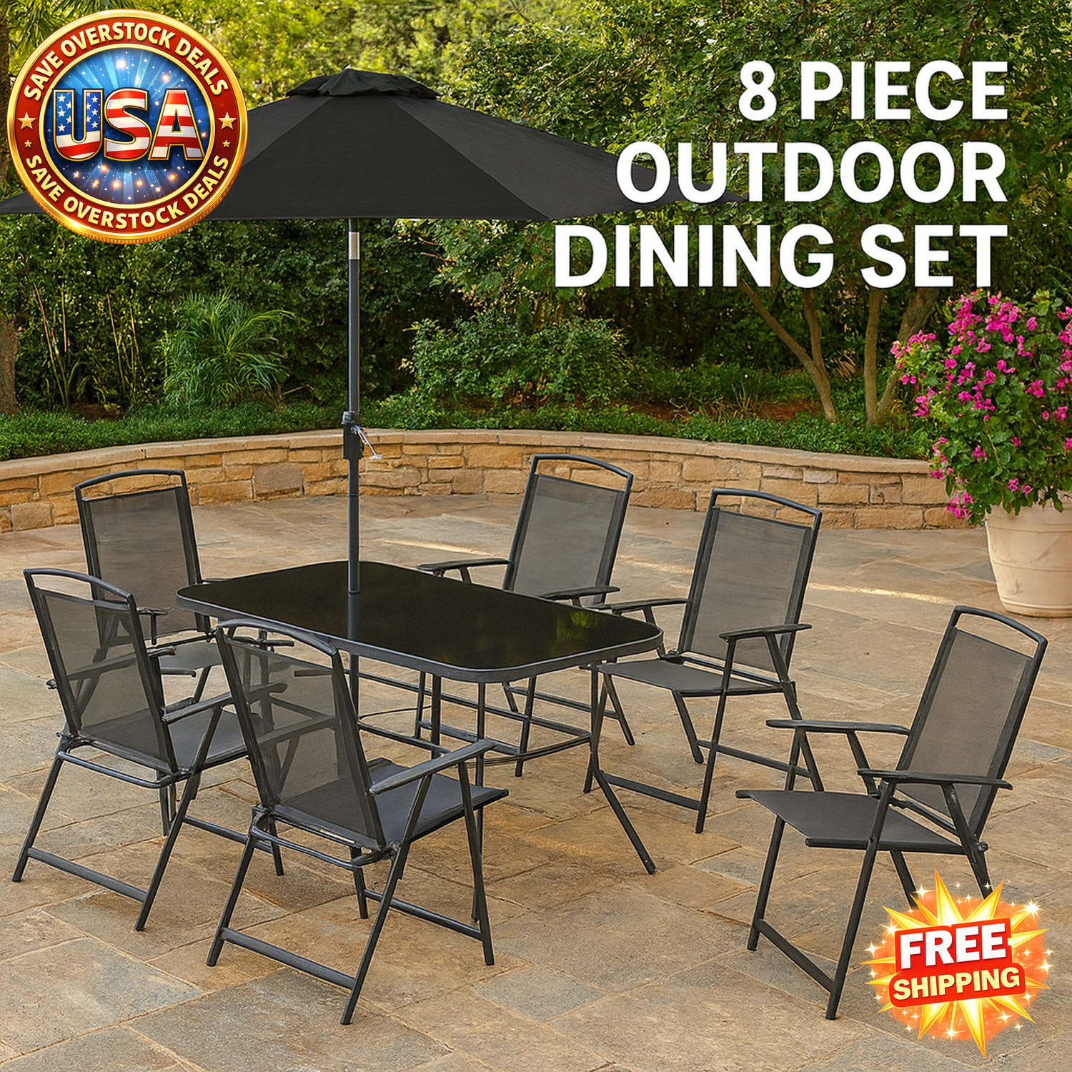 8 Piece Outdoor Dining Set with Umbrella and Folding Chairs