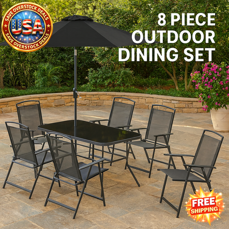 8 Piece Outdoor Dining Set with Umbrella and Folding Chairs