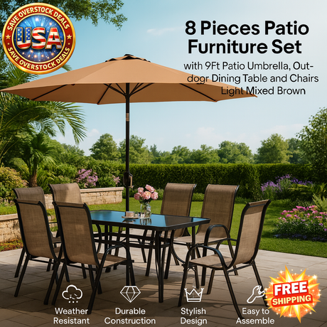 8 Pieces Patio Furniture Set with Umbrella - Light Brown