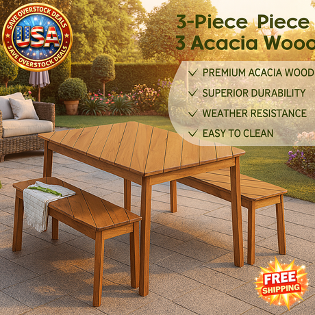 Acacia Wood Dining Set with 2 Benches for Outdoor Use