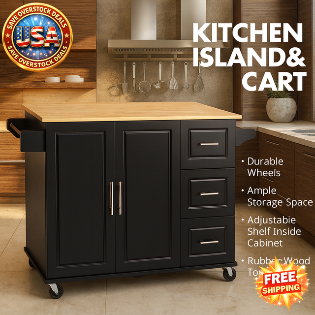Mobile Kitchen Island Cart with Rubber Wood Top