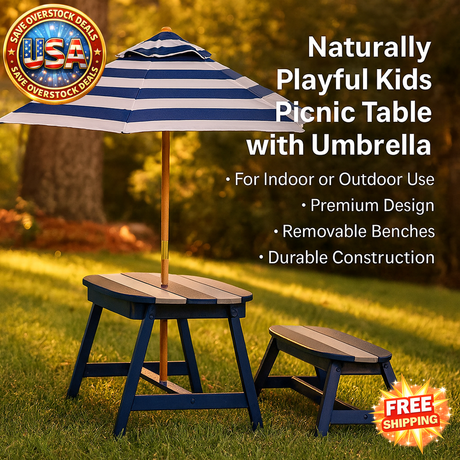 Kids Picnic Table with Umbrella - Indoor/Outdoor - Dark Blue