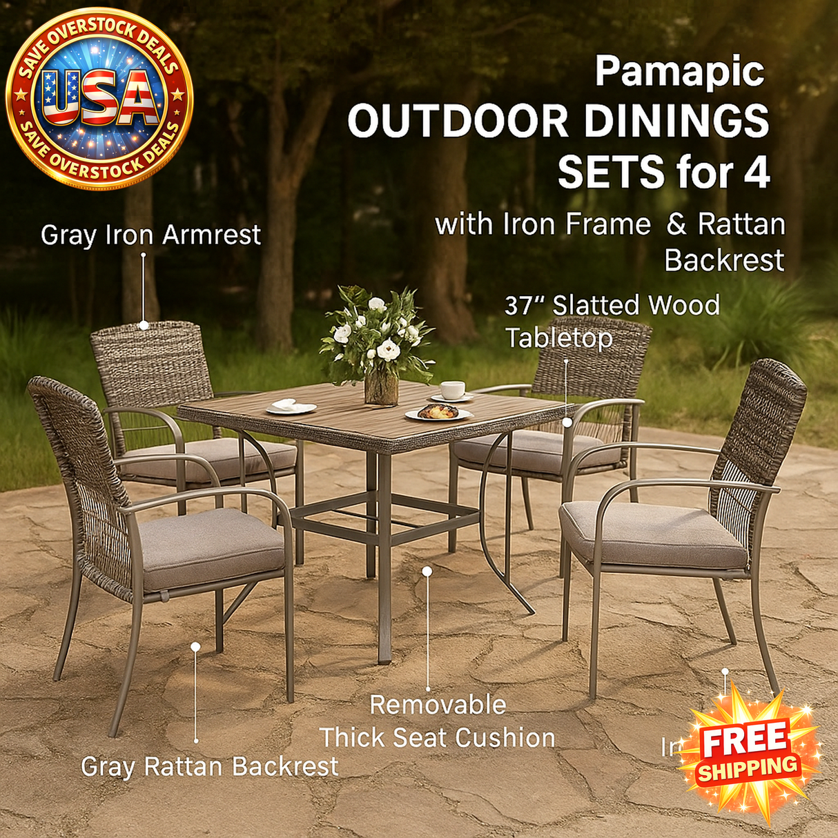 Pamapic Outdoor Dining Set for 4 with Iron Frame & Rattan