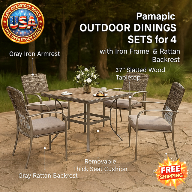 Pamapic Outdoor Dining Set for 4 with Iron Frame & Rattan