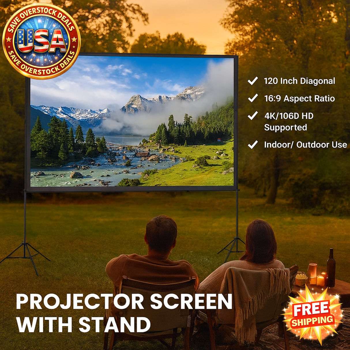 120" Outdoor Projector Screen with Stand for Home Theater