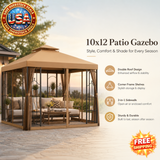 10x12 Brown Patio Gazebo with Double Roof and Shelves
