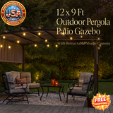 Outdoor Pergola Gazebo with Retractable Canopy, 12x9 Ft